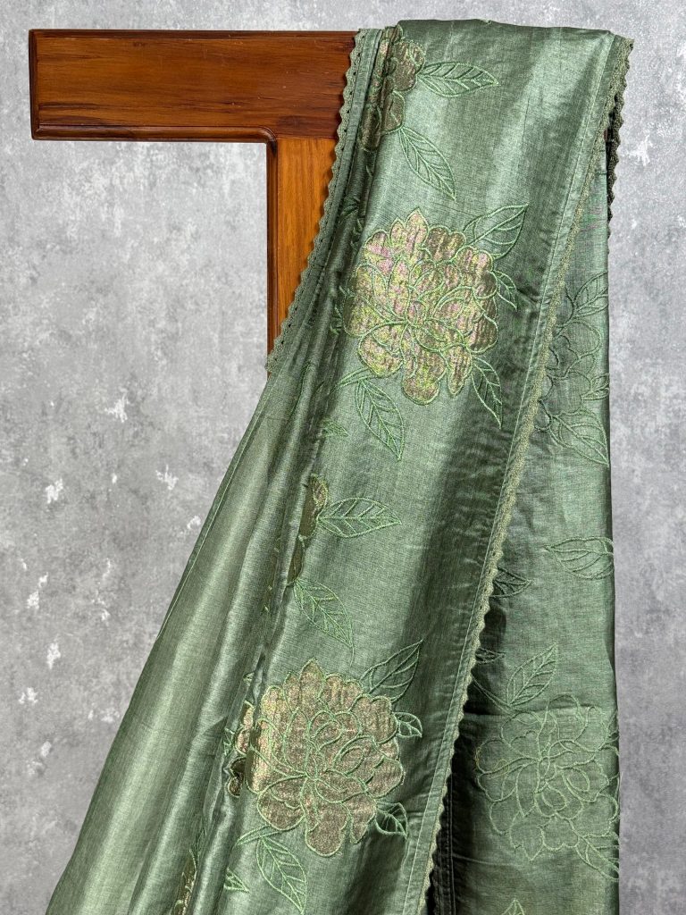 TUSSAR SILK APPLIQUE EMBROIDERY SAREE - Image 2