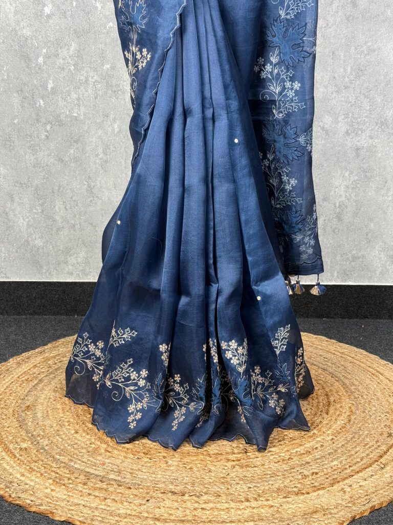 SILK ORGANZA APPLIQUE EMBROIDERY SAREE - Image 3