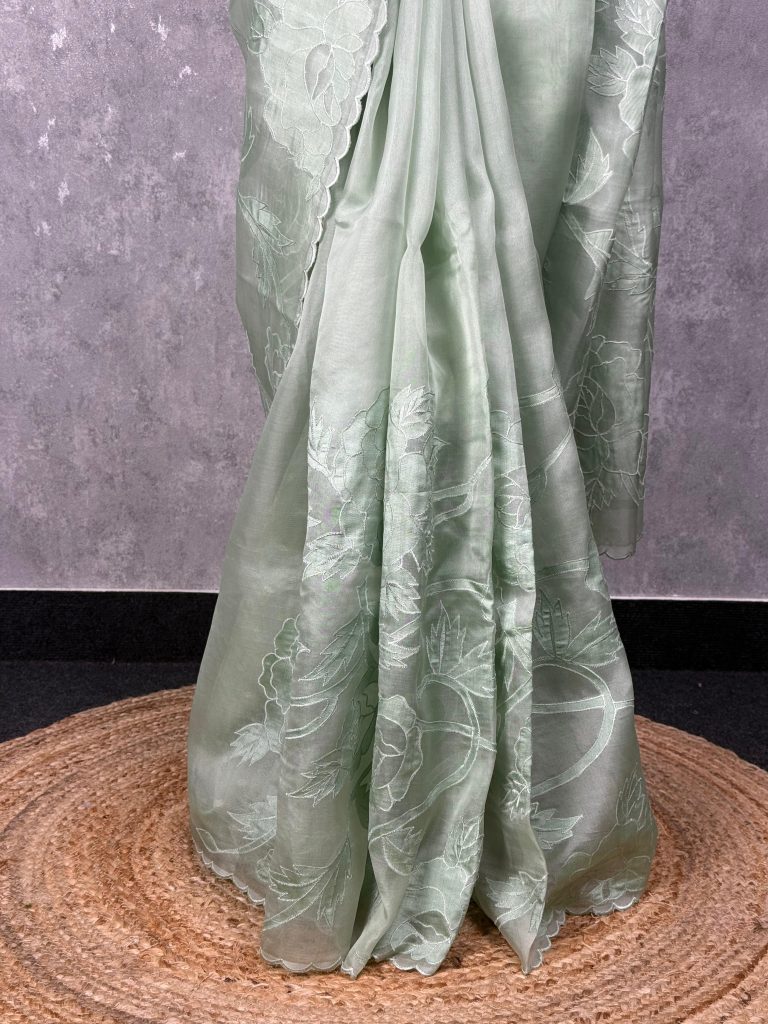 SILK ORGANZA APPLIQUE EMBROIDERY SAREE - Image 3