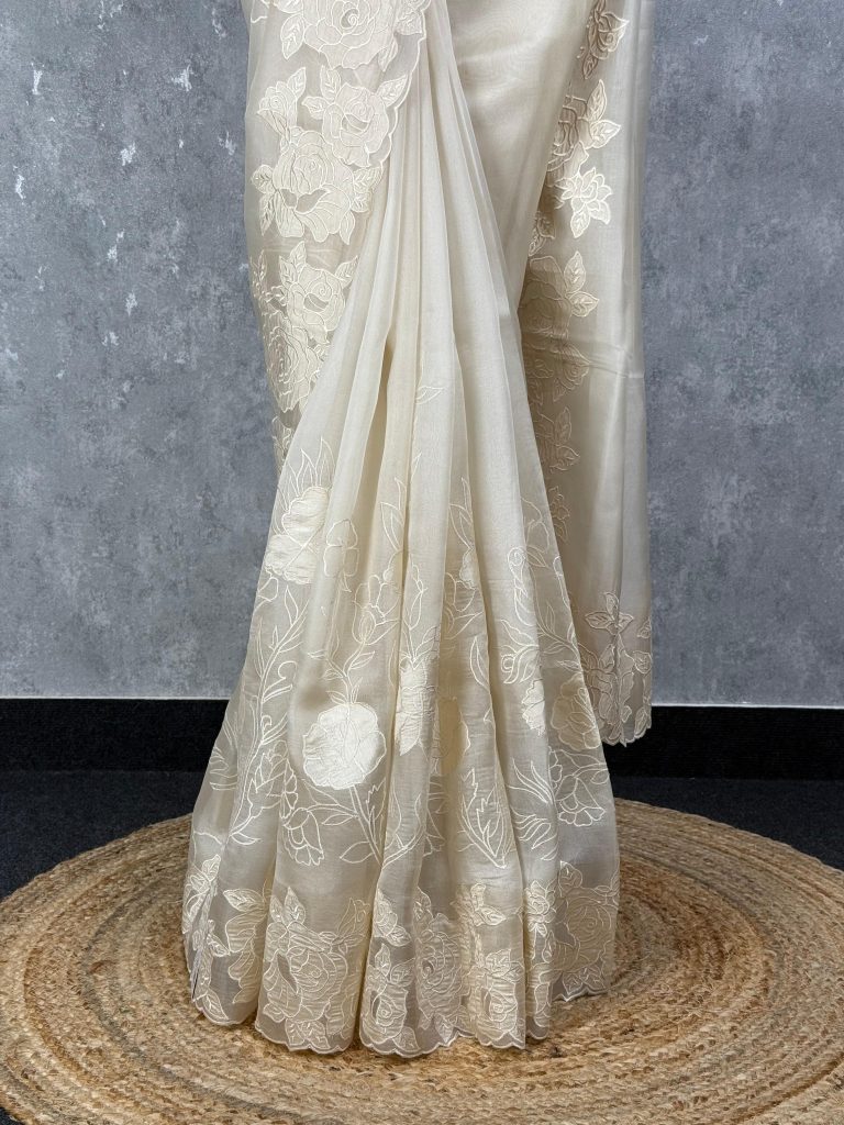 SILK ORGANZA APPLIQUE EMBROIDERY SAREE - Image 3