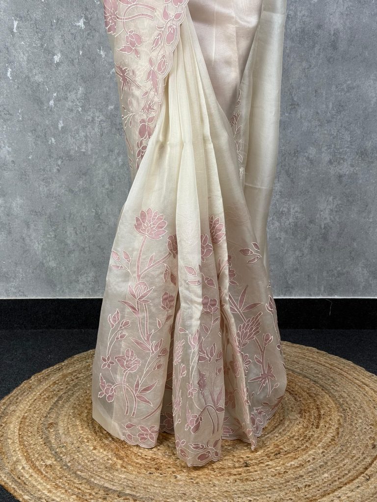 SILK ORGANZA APPLIQUE EMBROIDERY SAREE - Image 3