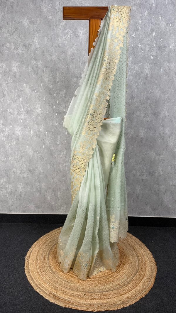 SILK ORGANZA APPLIQUE EMBROIDERY SAREE
