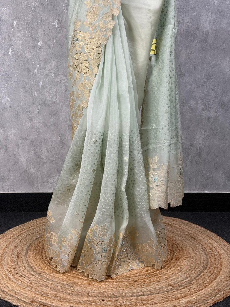 SILK ORGANZA APPLIQUE EMBROIDERY SAREE - Image 3