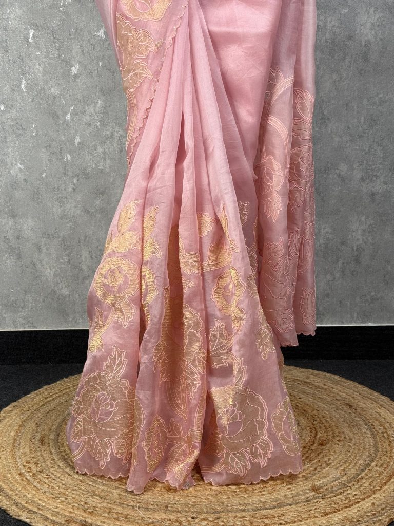 SILK ORGANZA TISSUE APPLIQUE EMBROIDERY SAREE - Image 3