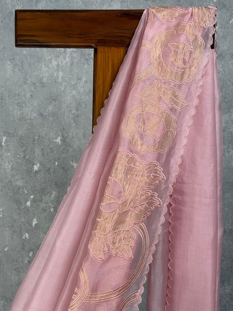 SILK ORGANZA TISSUE APPLIQUE EMBROIDERY SAREE - Image 2