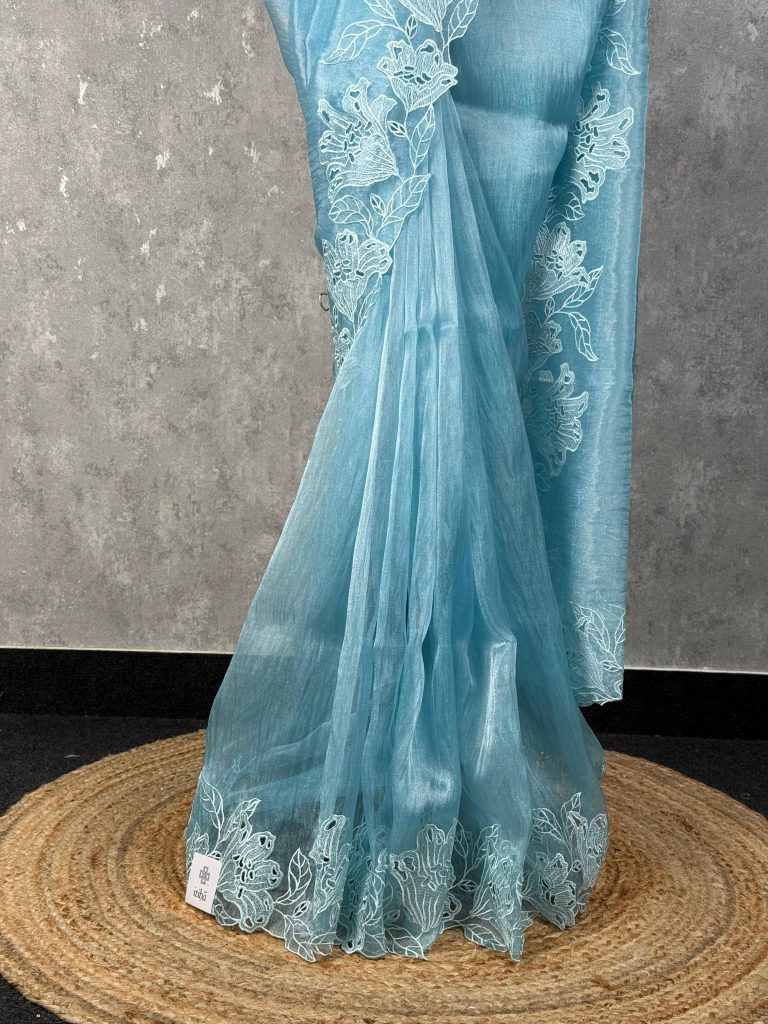 GLASS TISSUE ORGANZA CUTWORK EMBROIDERY SAREE - Image 3