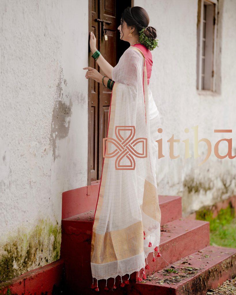COTTON LINEN ZARI CHECKS HANDLOOM SAREE - Image 5