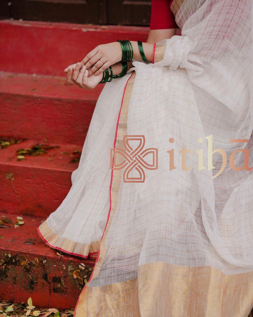 COTTON LINEN ZARI CHECKS HANDLOOM SAREE - Image 3