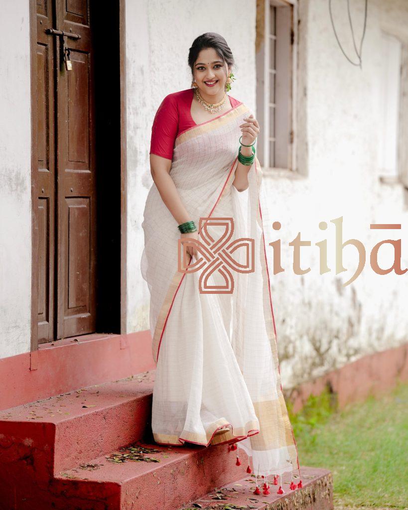 COTTON LINEN ZARI CHECKS HANDLOOM SAREE - Image 2