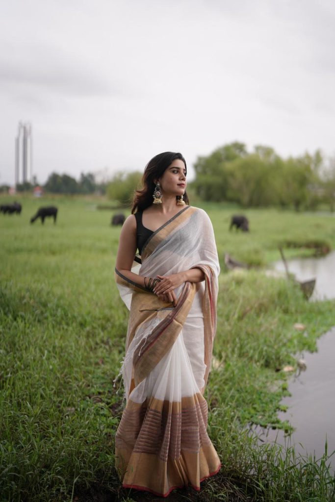 COTTON LINEN RED STRIPES HANDLOOM SAREE