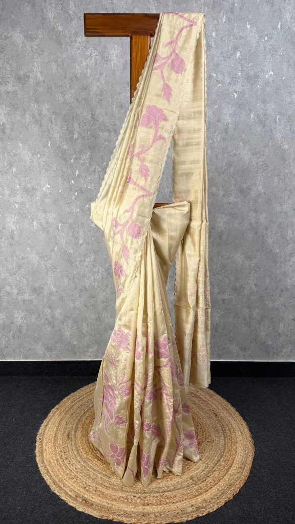 SEMI TUSSAR APPLIQUE EMBROIDERY SAREE