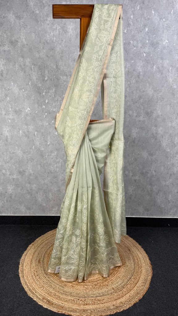 SEMI ORGANZA APPLIQUE EMBROIDERY SAREE