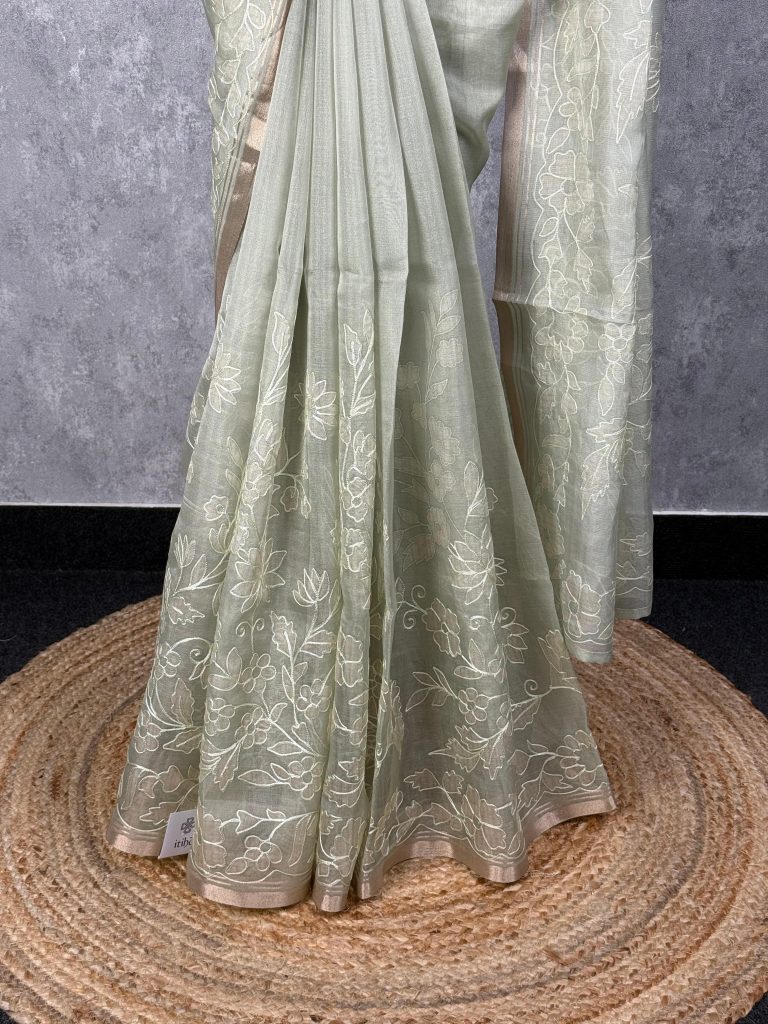 SEMI ORGANZA APPLIQUE EMBROIDERY SAREE - Image 3