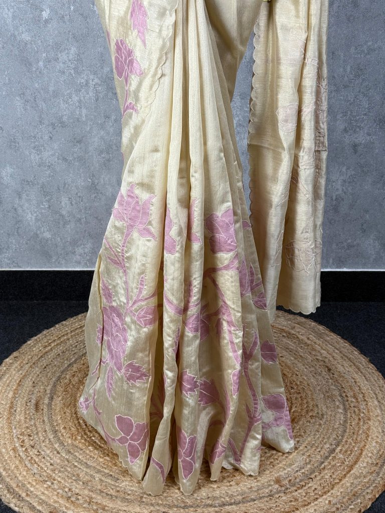 SEMI TUSSAR APPLIQUE EMBROIDERY SAREE - Image 3