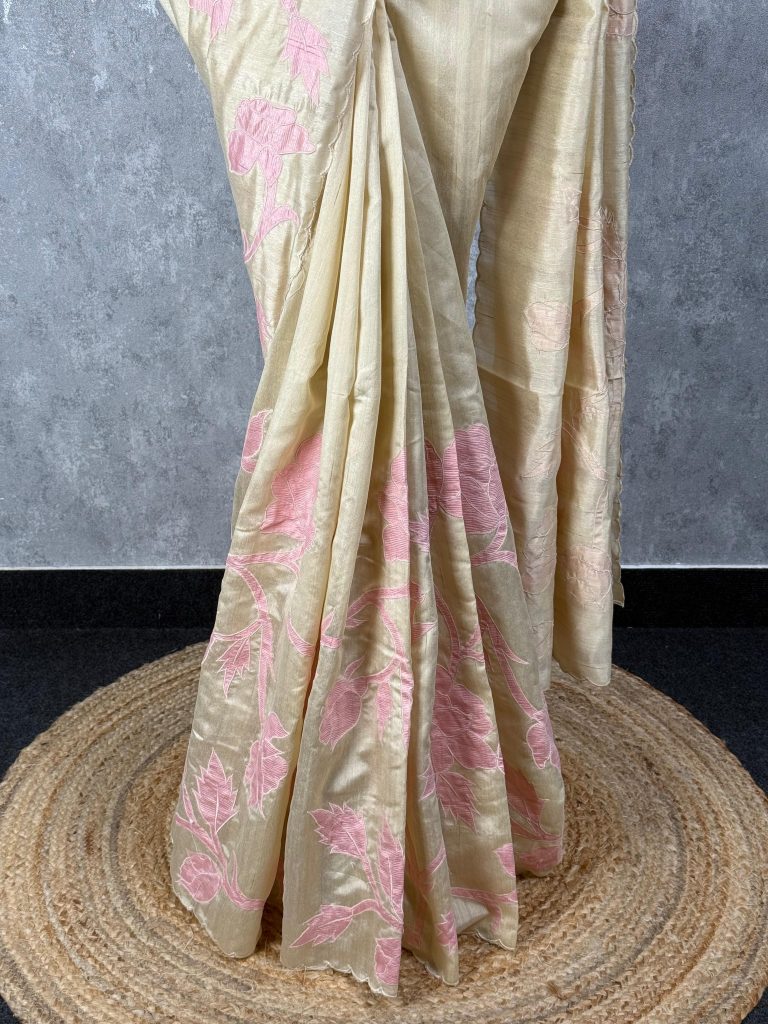 SEMI TUSSAR APPLIQUE EMBROIDERY SAREE - Image 3