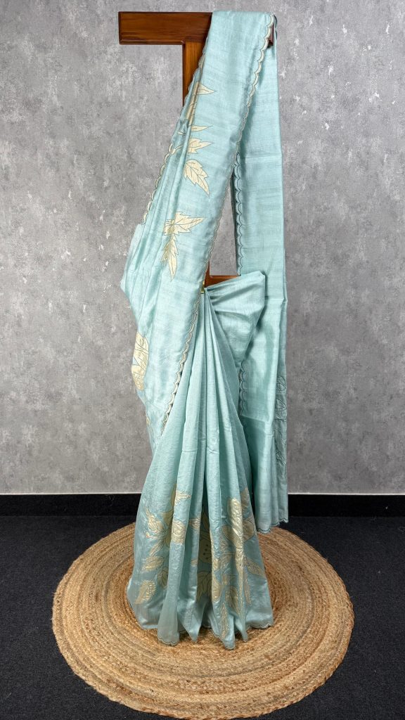 SEMI TUSSAR APPLIQUE EMBROIDERY SAREE