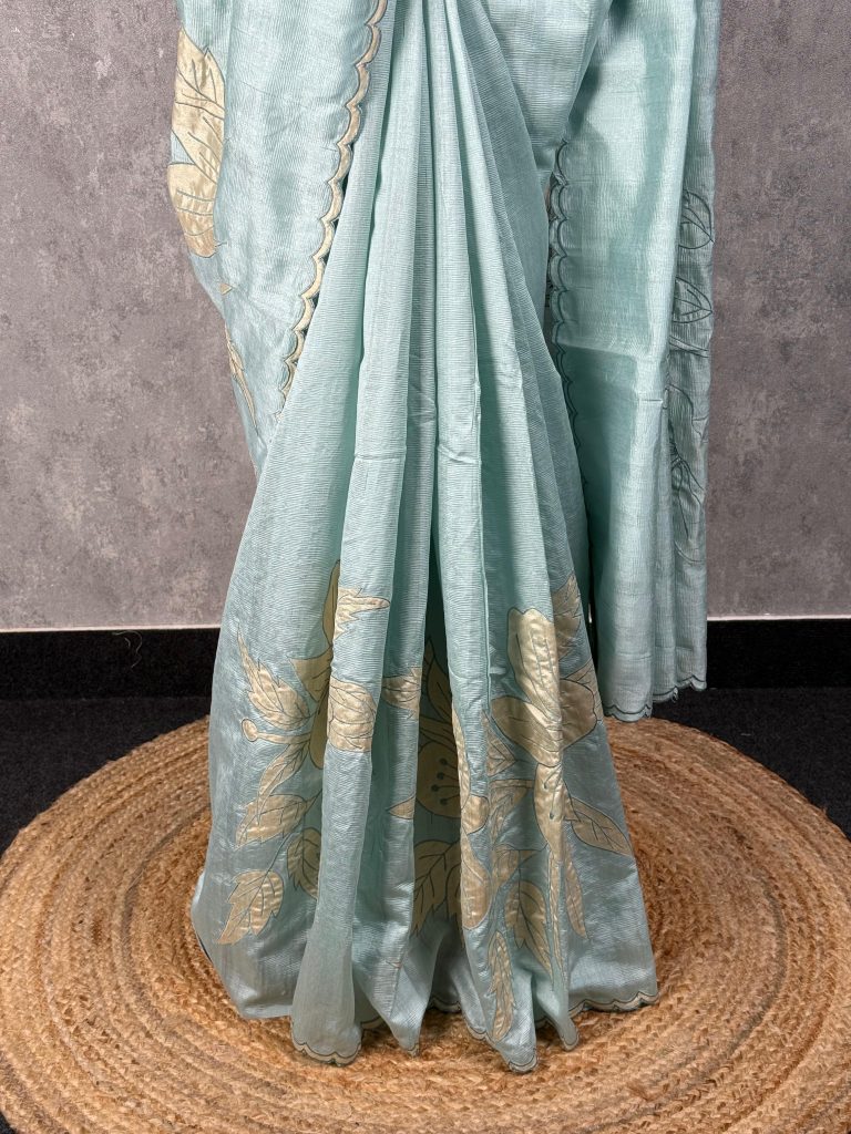SEMI TUSSAR APPLIQUE EMBROIDERY SAREE - Image 3