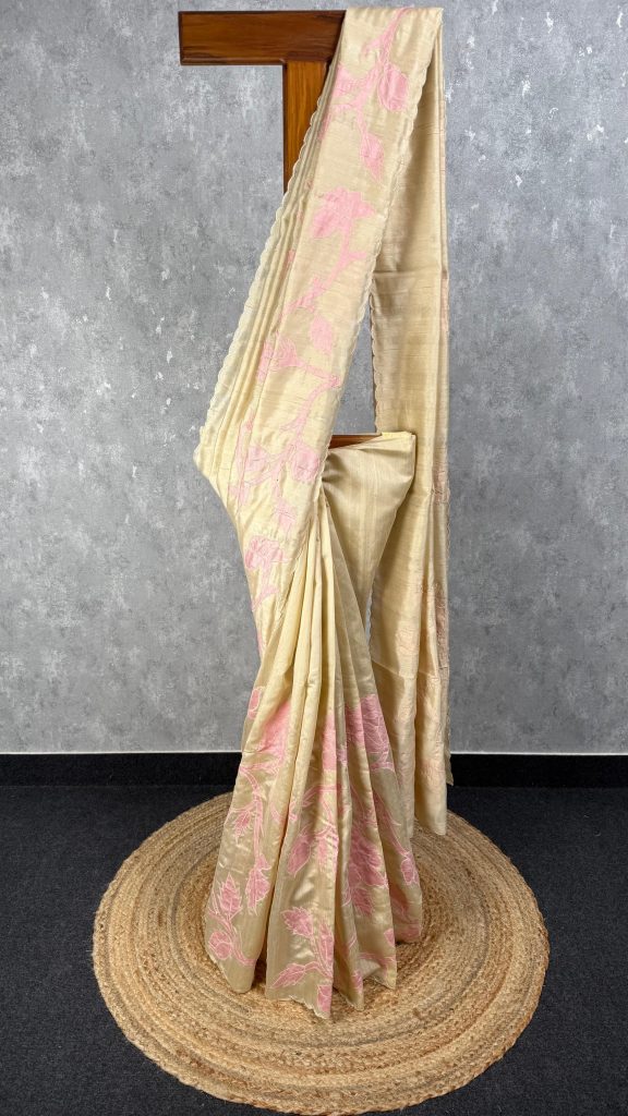 SEMI TUSSAR APPLIQUE EMBROIDERY SAREE