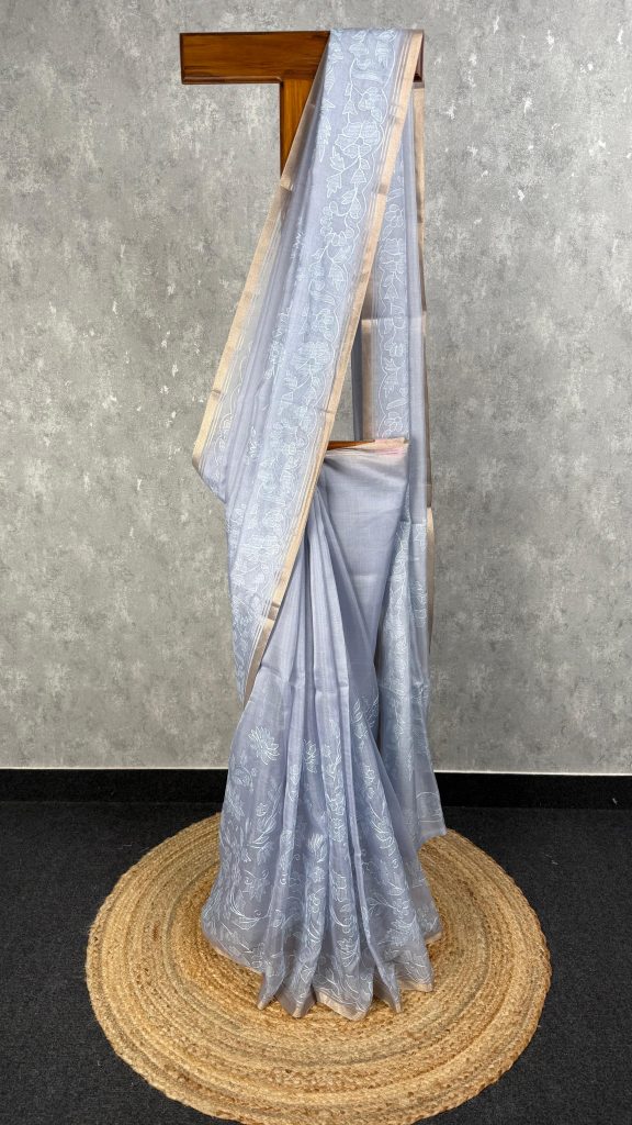 SEMI ORGANZA APPLIQUE EMBROIDERY SAREE