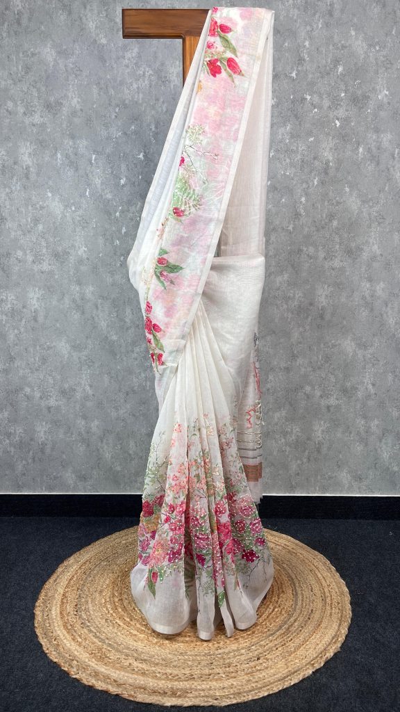 SEMI LINEN PRINTED EMBROIDERY SAREE
