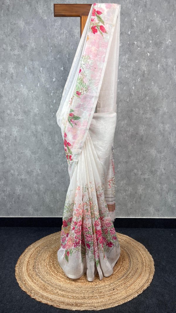 SEMI LINEN PRINTED EMBROIDERY SAREE