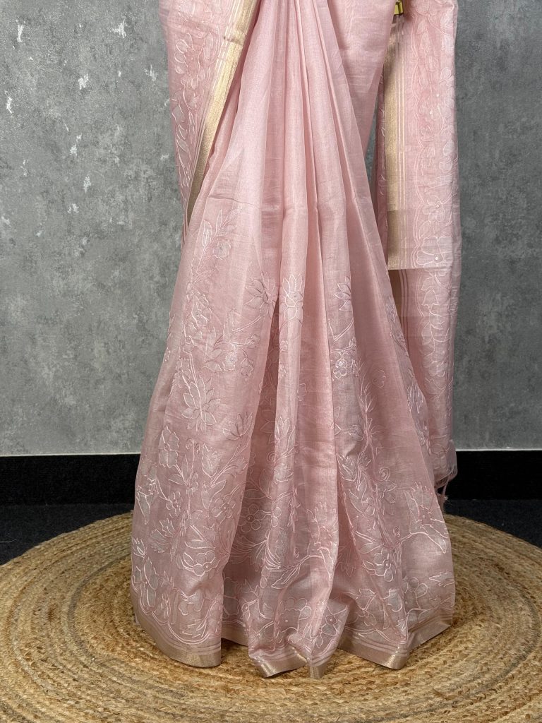 SEMI ORGANZA APPLIQUE EMBROIDERY SAREE - Image 3