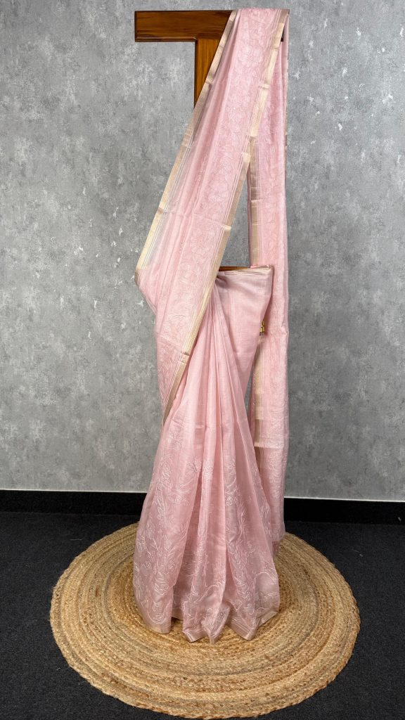 SEMI ORGANZA APPLIQUE EMBROIDERY SAREE