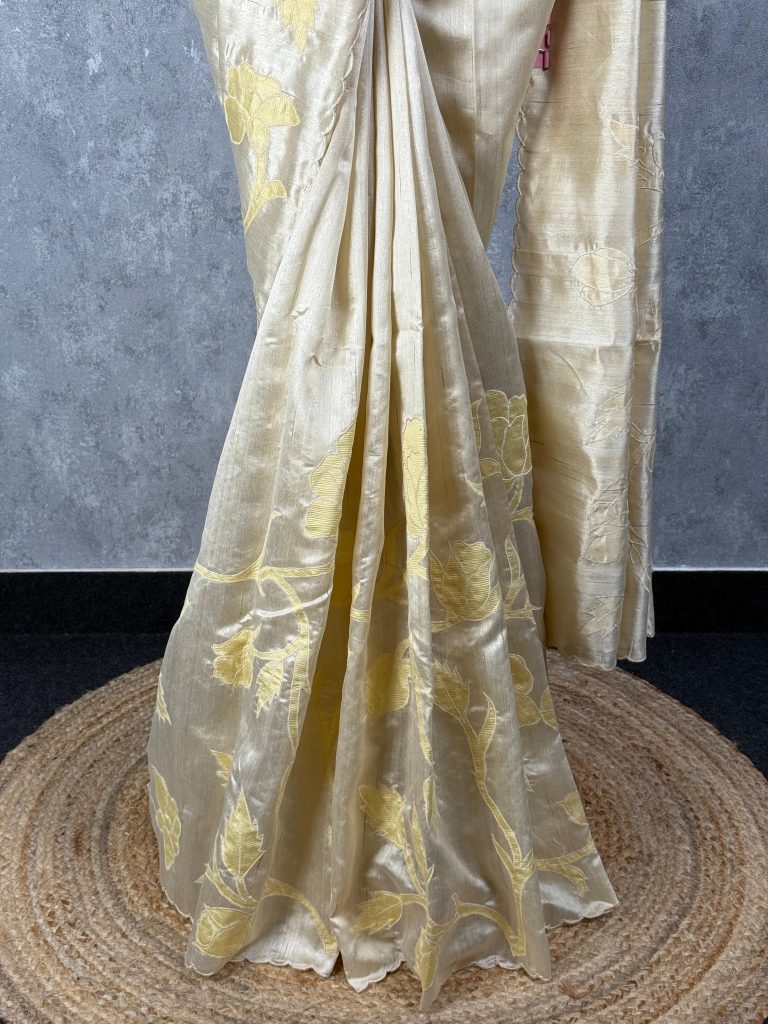 SEMI TUSSAR APPLIQUE EMBROIDERY SAREE - Image 3
