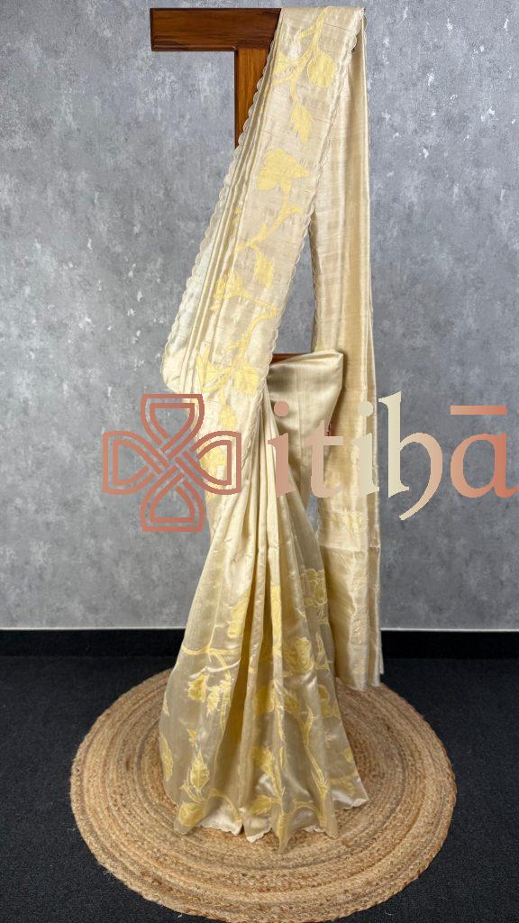 SEMI TUSSAR APPLIQUE EMBROIDERY SAREE