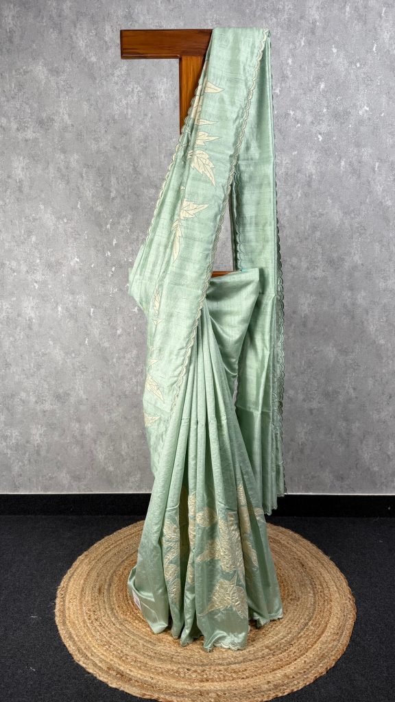 SEMI TUSSAR APPLIQUE EMBROIDERY SAREE