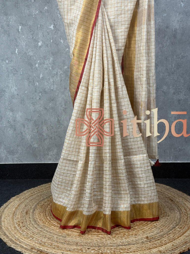 SILK LINEN ZARI CHECKS ONAM SAREE - Image 3