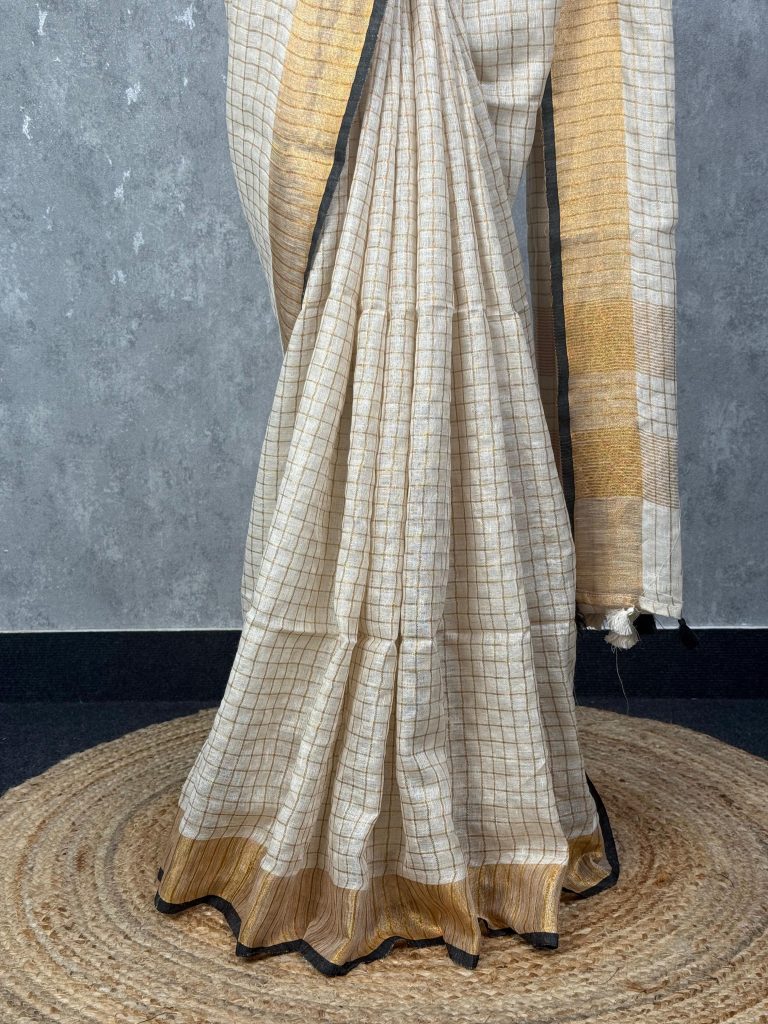 SILK LINEN ZARI CHECKS ONAM SAREE - Image 3