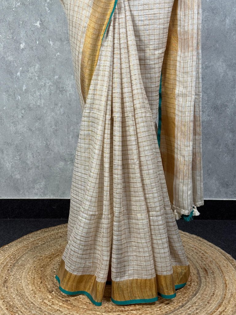 SILK LINEN ZARI CHECKS ONAM SAREE - Image 3