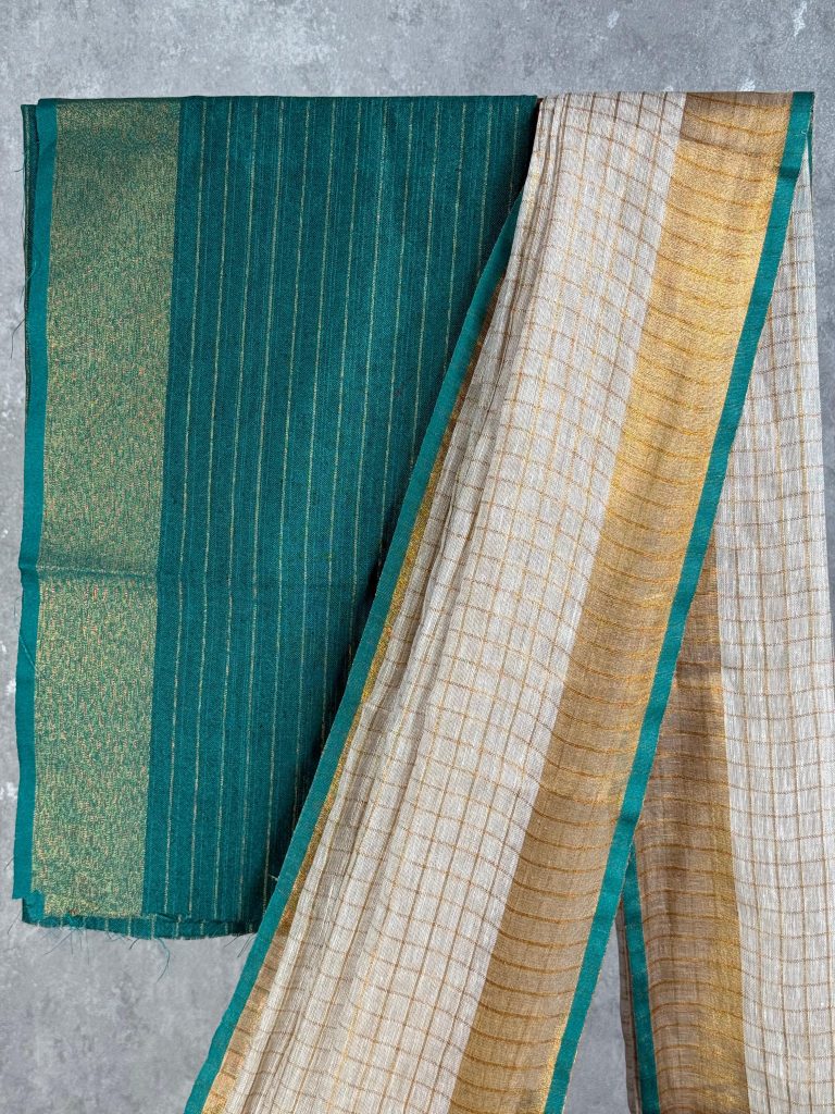 SILK LINEN ZARI CHECKS ONAM SAREE - Image 2