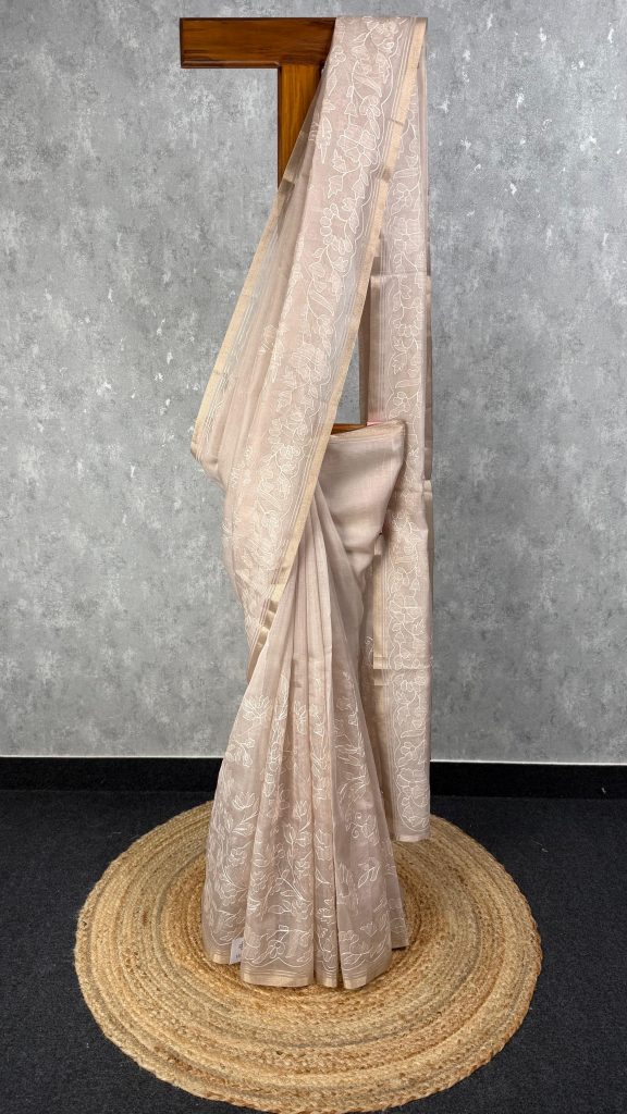 SEMI ORGANZA APPLIQUE EMBROIDERY SAREE