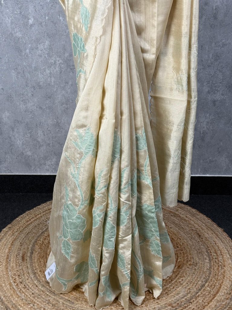 SEMI TUSSAR APPLIQUE EMBROIDERY SAREE - Image 3
