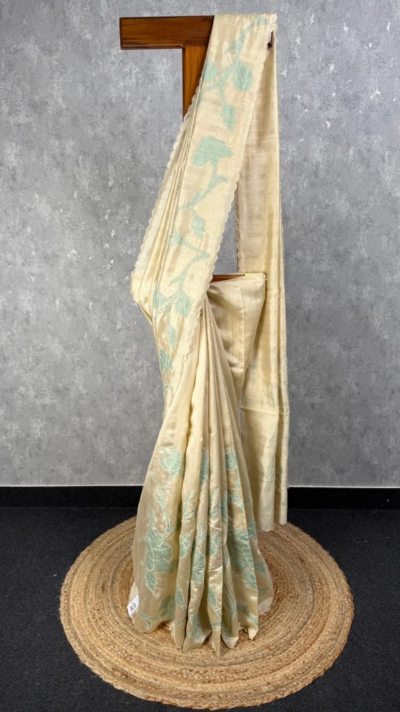 SEMI TUSSAR APPLIQUE EMBROIDERY SAREE