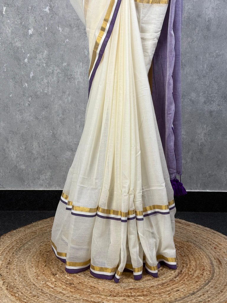 MUL COTTON VIOLET BORDER COTTON HANDLOOM SAREE - Image 3