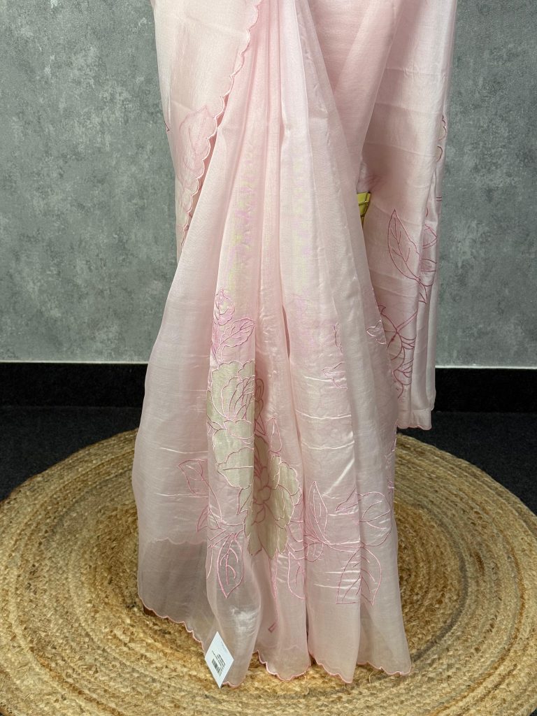 SILK ORGANZA TISSUE APPLIQUE EMBROIDERY SAREE - Image 3