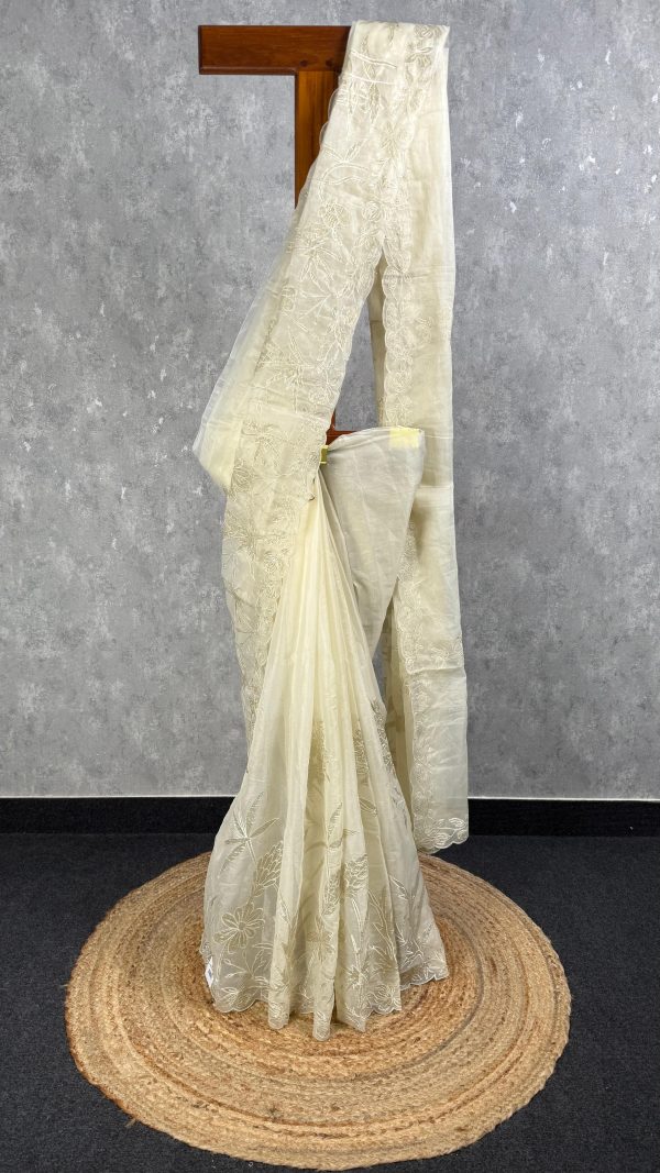 SEMI ORGANZA TISSUE APPLIQUE EMBROIDERY SAREE
