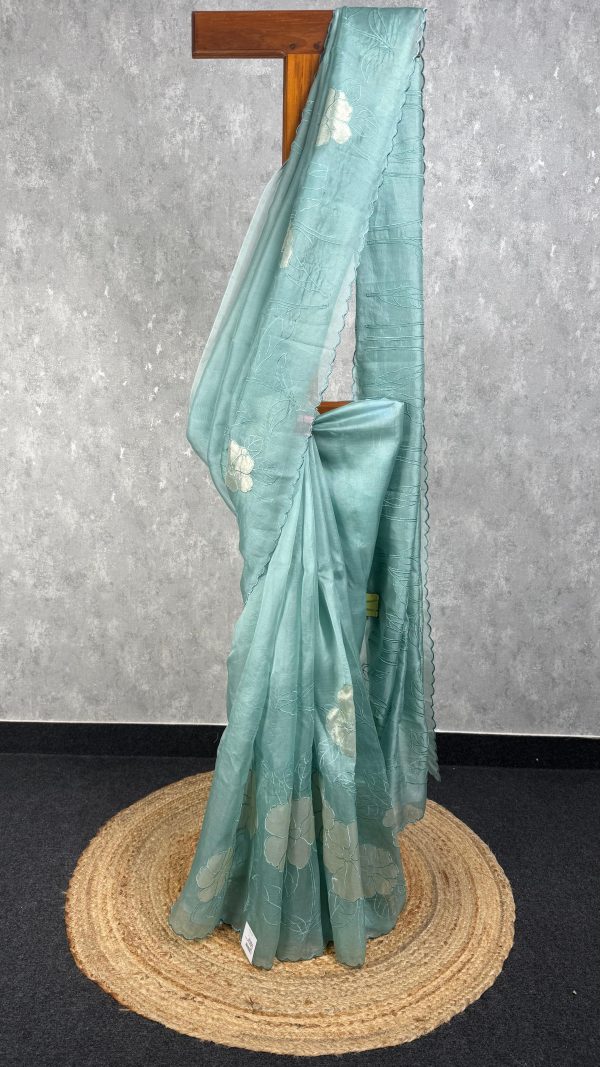 SILK ORGANZA TISSUE APPLIQUE EMBROIDERY SAREE
