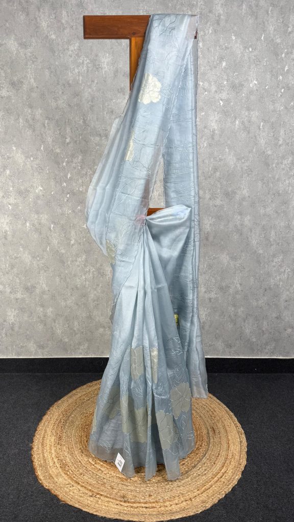 SILK ORGANZA TISSUE APPLIQUE EMBROIDERY SAREE