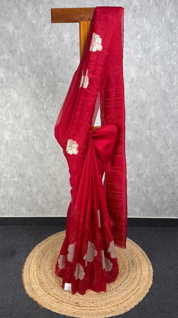SILK ORGANZA TISSUE APPLIQUE EMBROIDERY SAREE