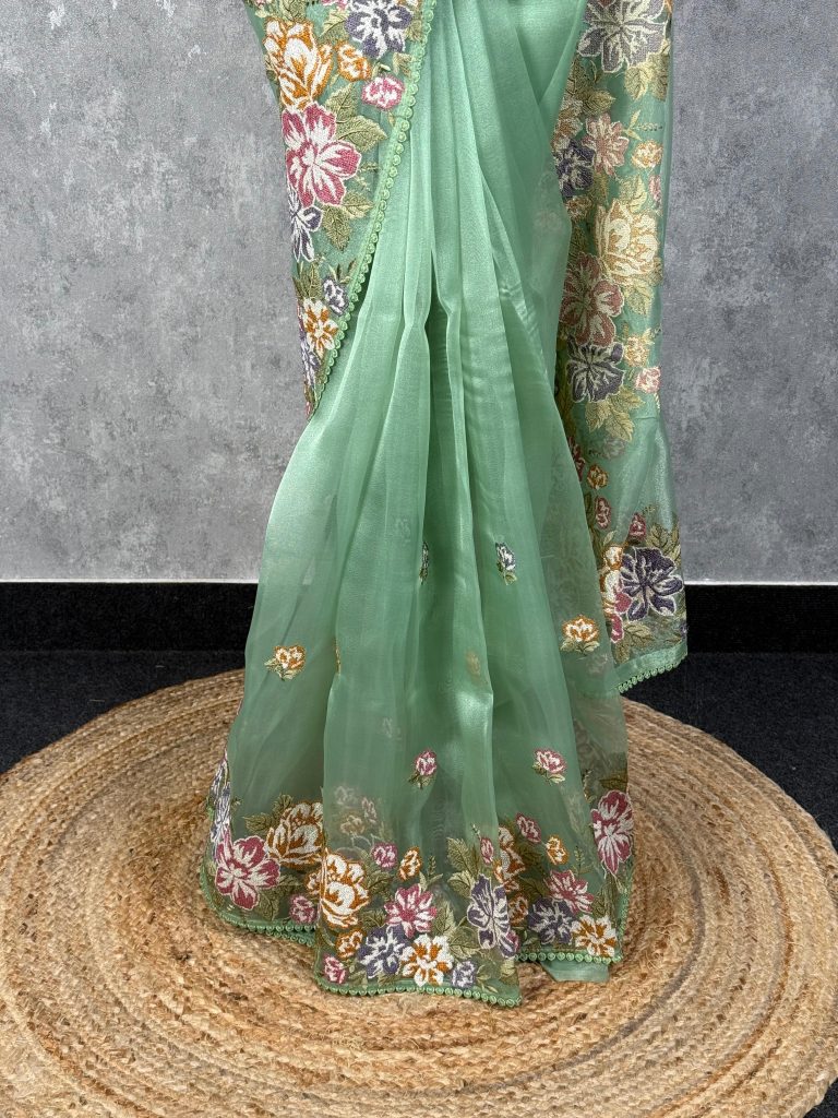 GLASS ORGANZA EMBROIDERY SAREE - Image 3